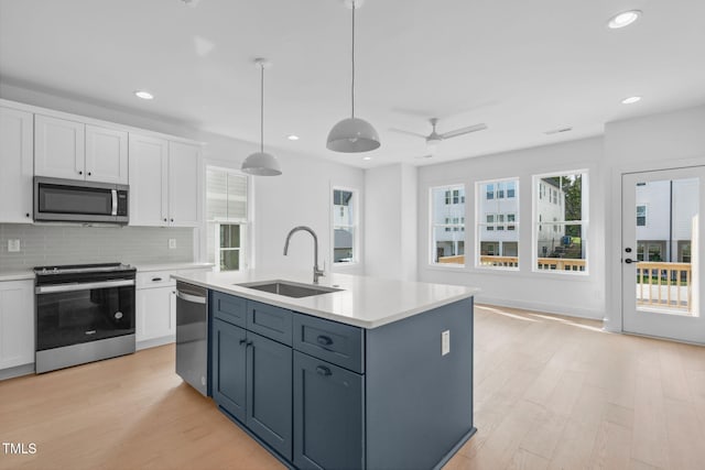 kitchen featuring sink, decorative light fixtures, stainless steel appliances, decorative backsplash, and white cabinets