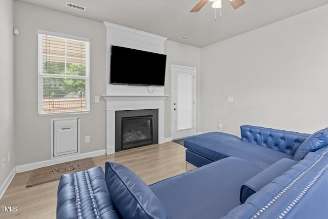 living room with ceiling fan and light wood-type flooring