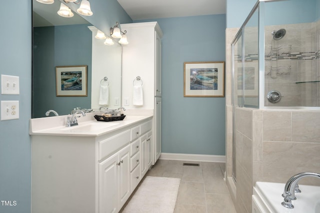 bathroom featuring tile patterned flooring, vanity, and walk in shower