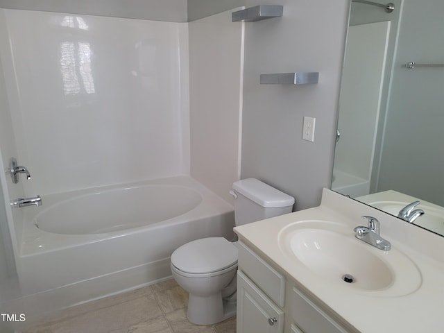 full bathroom featuring vanity, bathing tub / shower combination, and toilet