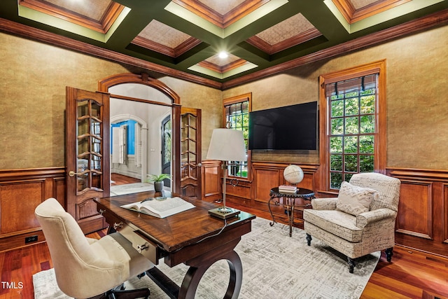 office with crown molding, wood-type flooring, coffered ceiling, and beam ceiling