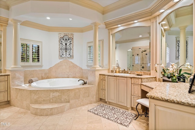 bathroom with vanity, tile patterned floors, plus walk in shower, and ornate columns