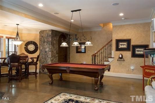 rec room with billiards and ornamental molding