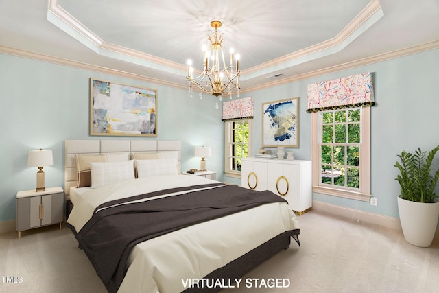 bedroom featuring a raised ceiling, ornamental molding, and light colored carpet