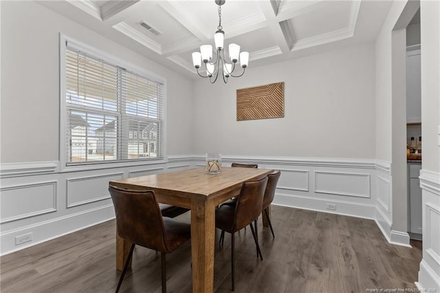 dining area with dark hardwood / wood-style flooring, coffered ceiling, an inviting chandelier, and beam ceiling