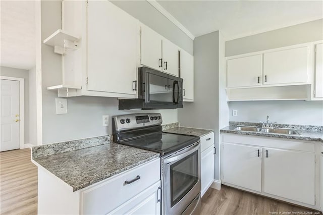 kitchen with light hardwood / wood-style flooring, sink, stainless steel electric range, and white cabinets