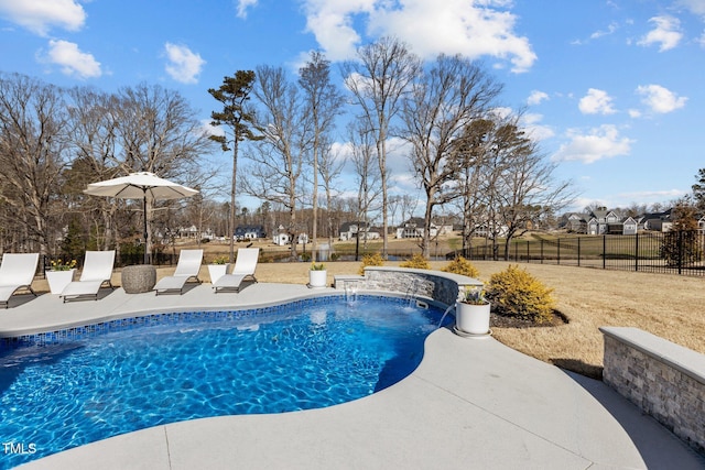 view of pool featuring a patio area, fence, and a fenced in pool