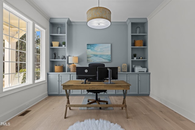 home office featuring ornamental molding, baseboards, visible vents, and light wood finished floors