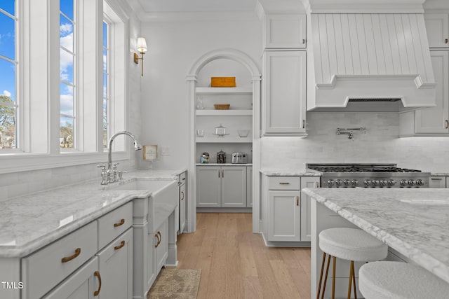 kitchen with range, ornamental molding, custom exhaust hood, light wood-type flooring, and a sink