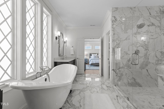 full bathroom featuring a marble finish shower, marble finish floor, crown molding, and ensuite bath