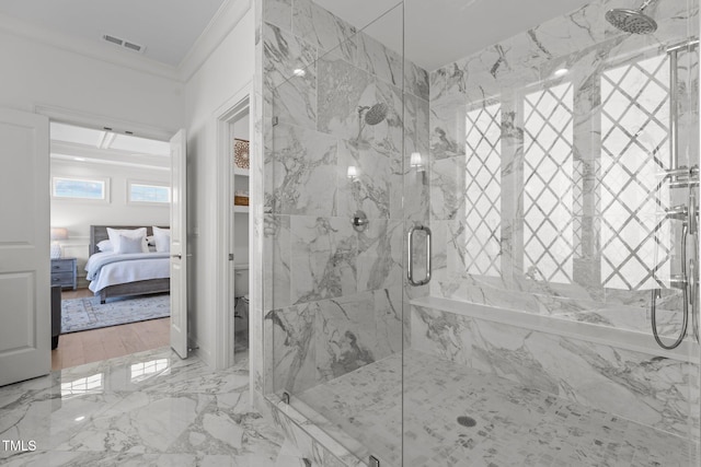 bathroom featuring visible vents, marble finish floor, a marble finish shower, ensuite bath, and crown molding