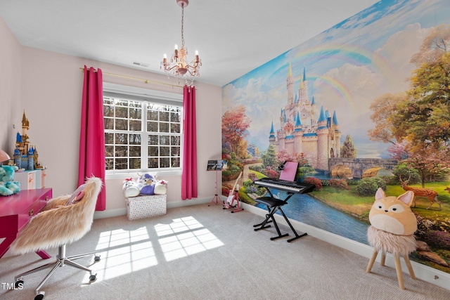 playroom featuring an inviting chandelier, carpet, visible vents, and baseboards