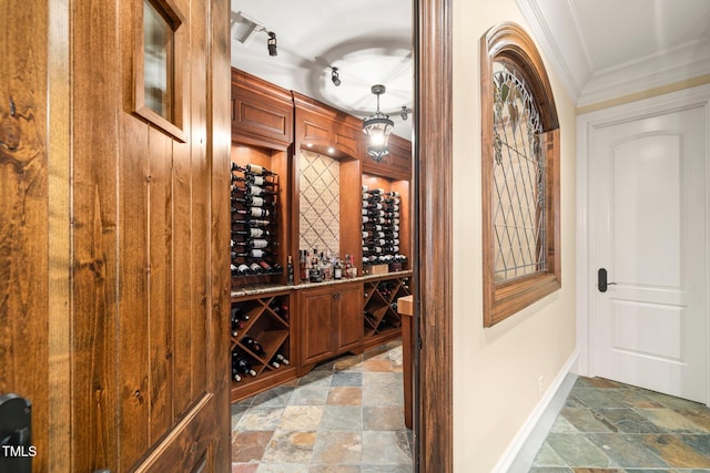 wine cellar featuring ornamental molding