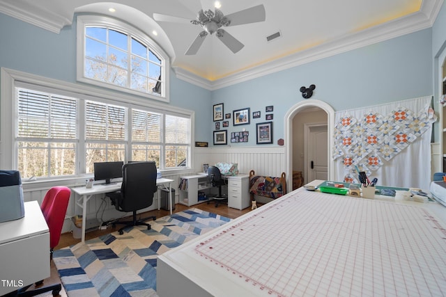 bedroom featuring crown molding, ceiling fan, lofted ceiling, and light wood-type flooring