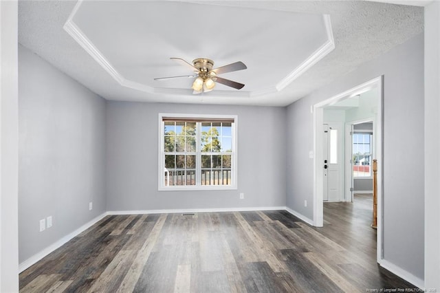 spare room with plenty of natural light, dark hardwood / wood-style flooring, and a tray ceiling