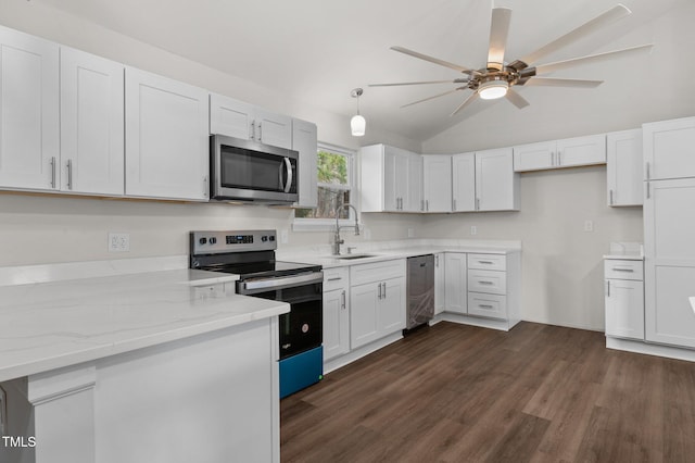 kitchen with dark hardwood / wood-style floors, sink, white cabinets, stainless steel appliances, and light stone countertops