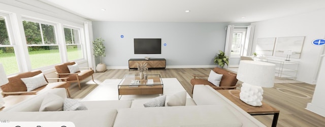 living room with recessed lighting, wood finished floors, and baseboards