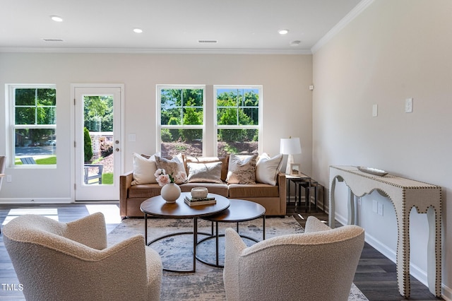 living room with crown molding and dark hardwood / wood-style floors