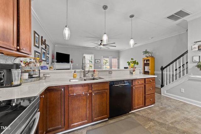 kitchen featuring pendant lighting, sink, crown molding, and black dishwasher