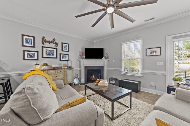 living room with ceiling fan and ornamental molding