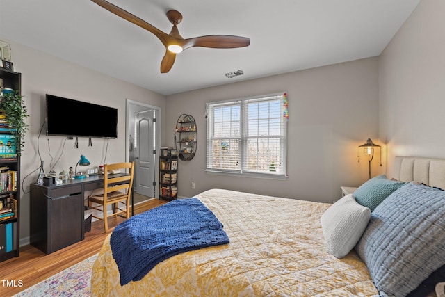 bedroom with ceiling fan and wood-type flooring