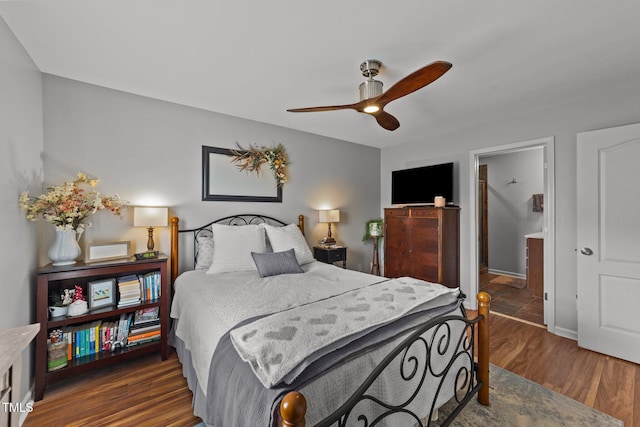 bedroom featuring ceiling fan and dark hardwood / wood-style flooring