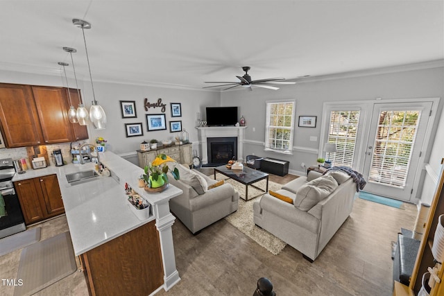 living room with sink, crown molding, wood-type flooring, and ceiling fan