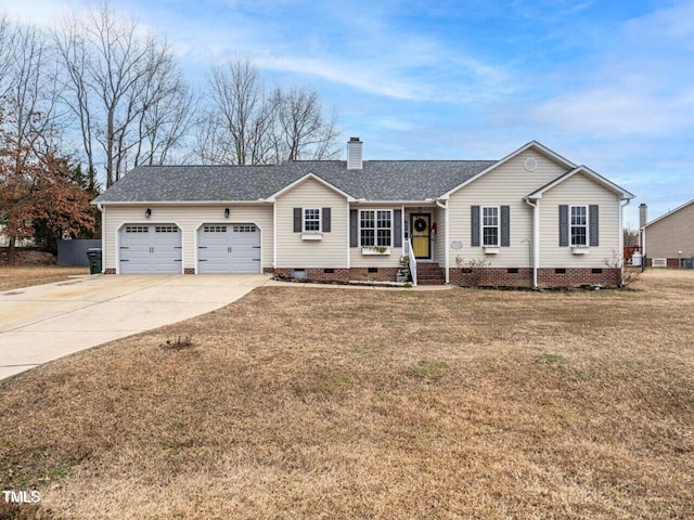 single story home with a garage and a front lawn