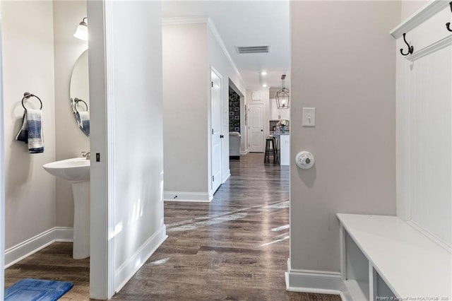 mudroom with sink, dark wood-type flooring, and ornamental molding