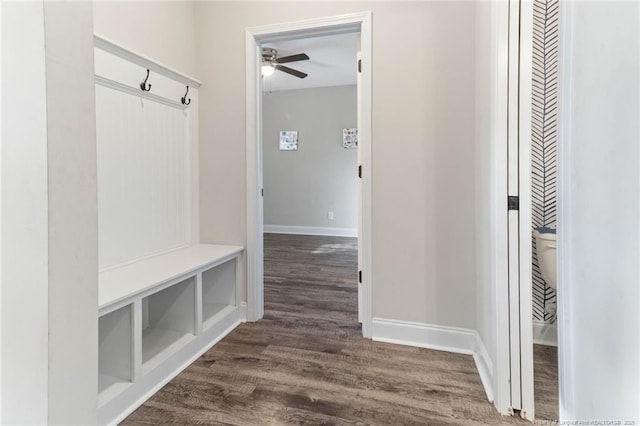 mudroom with dark hardwood / wood-style floors and ceiling fan