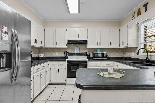 kitchen featuring stainless steel refrigerator with ice dispenser, light tile patterned flooring, sink, white cabinetry, and electric range oven