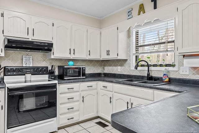 kitchen featuring range with electric stovetop, sink, light tile patterned floors, and white cabinets