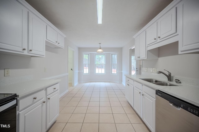 kitchen with light tile patterned flooring, pendant lighting, dishwasher, sink, and white cabinets