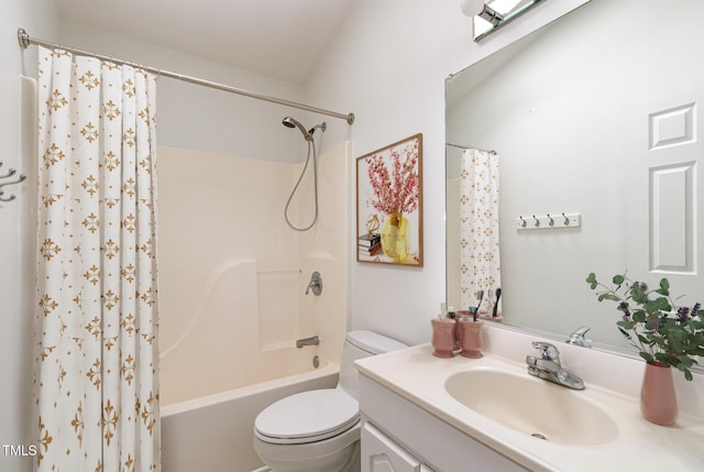 bathroom featuring toilet, shower / bath combination with curtain, and vanity