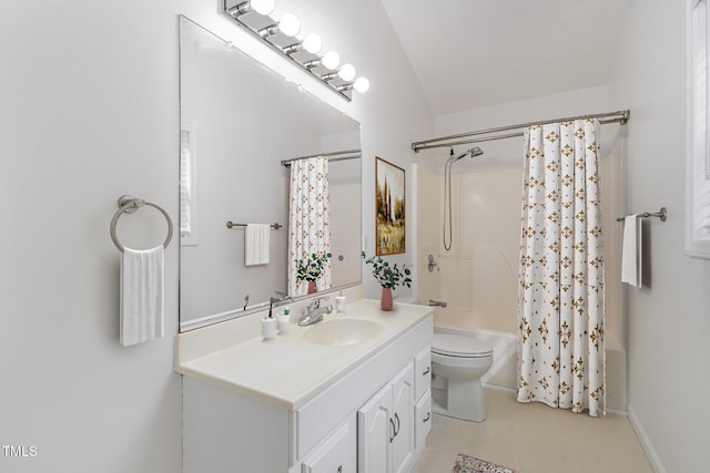 bathroom featuring toilet, shower / bath combination with curtain, and vanity