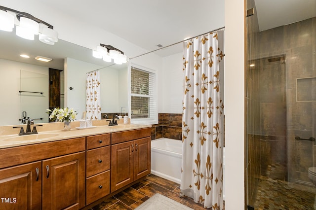 full bathroom with a bath, a shower with curtain, double vanity, and a sink