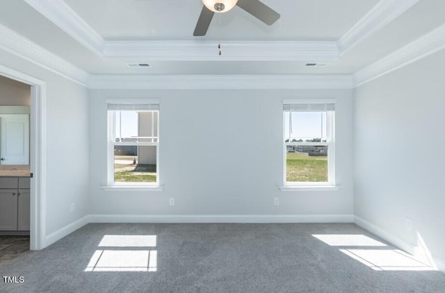 carpeted empty room with a raised ceiling, ornamental molding, and ceiling fan