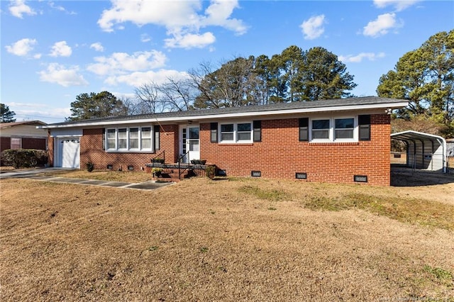 single story home with a garage, a front lawn, and a carport