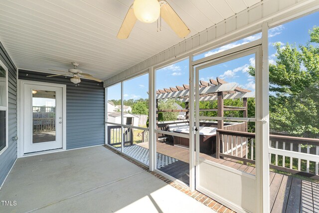 2228 Lakedale Dr, Fayetteville, NC 28306 - unfurnished sunroom featuring ceiling fan and a jacuzzi