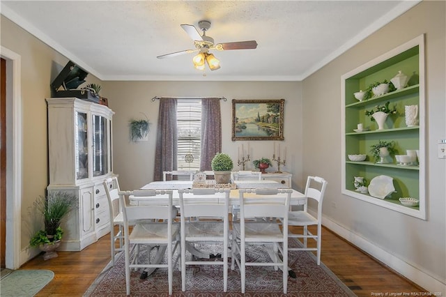 dining area with ceiling fan, ornamental molding, dark hardwood / wood-style floors, and built in features