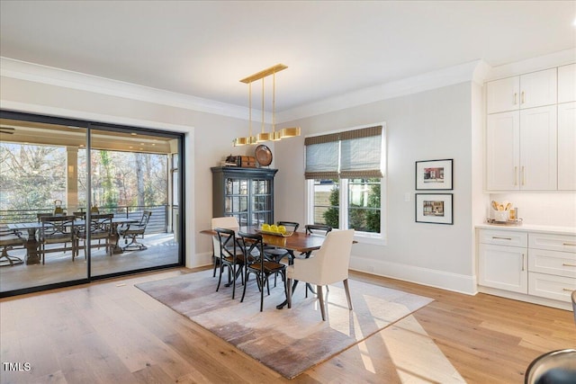 dining space featuring ornamental molding, light hardwood / wood-style floors, and a healthy amount of sunlight