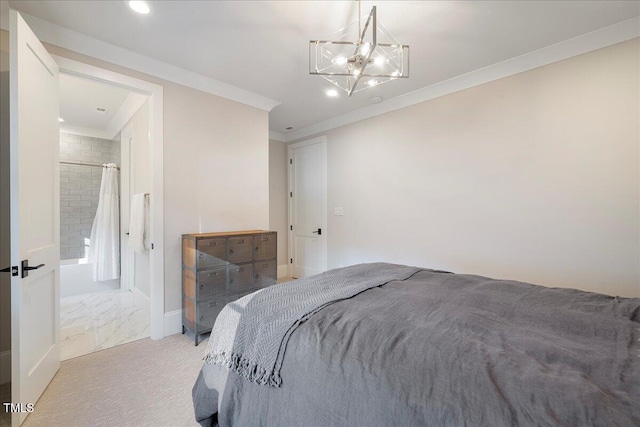 bedroom featuring light carpet, ornamental molding, and an inviting chandelier