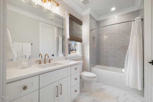 full bathroom with vanity, shower / tub combo with curtain, and toilet