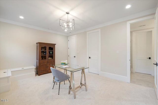 office with an inviting chandelier, crown molding, and light carpet