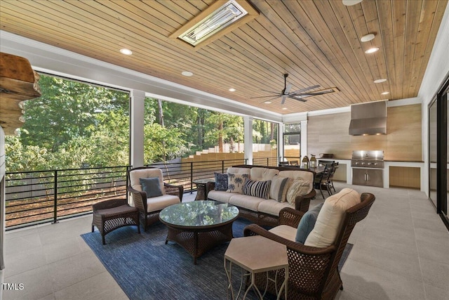 1304 Ivy Ln, Raleigh, NC 27609 - sunroom with an outdoor living space, a ceiling fan, outdoor dining area, and an outdoor kitchen