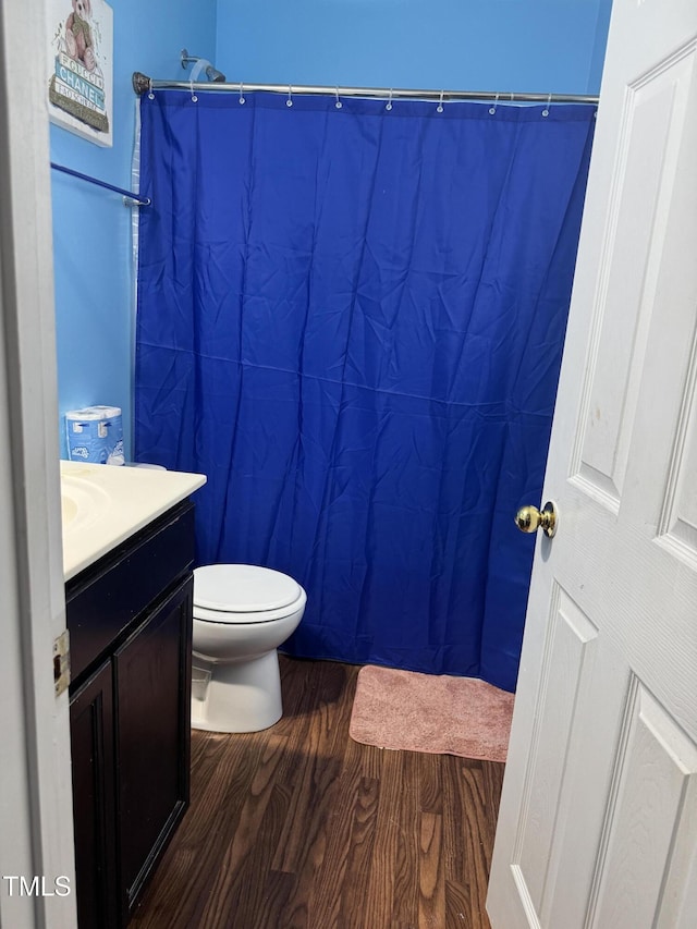 5430 Neuse Ridge Rd, Raleigh, NC 27610 - bathroom with wood finished floors, vanity, and a shower with shower curtain