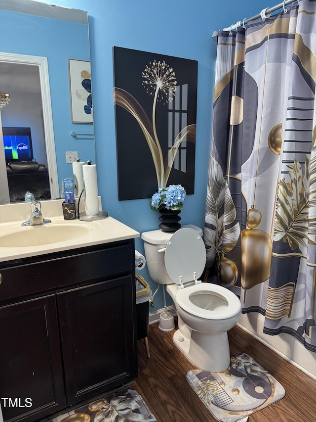 5430 Neuse Ridge Rd, Raleigh, NC 27610 - bathroom with wood finished floors, vanity, and curtained shower