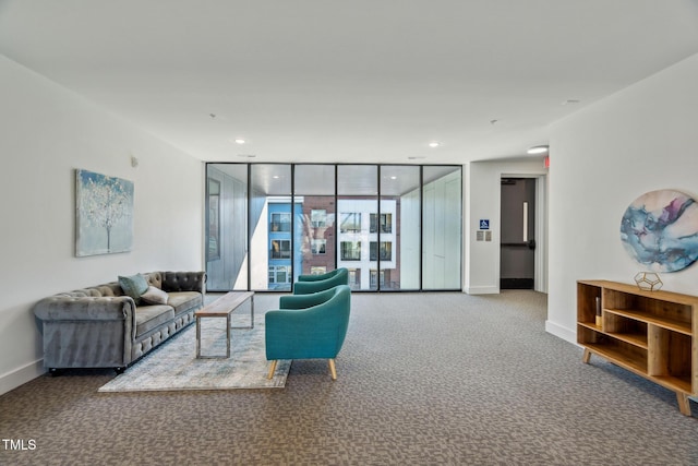 interior space featuring recessed lighting, carpet flooring, floor to ceiling windows, and baseboards