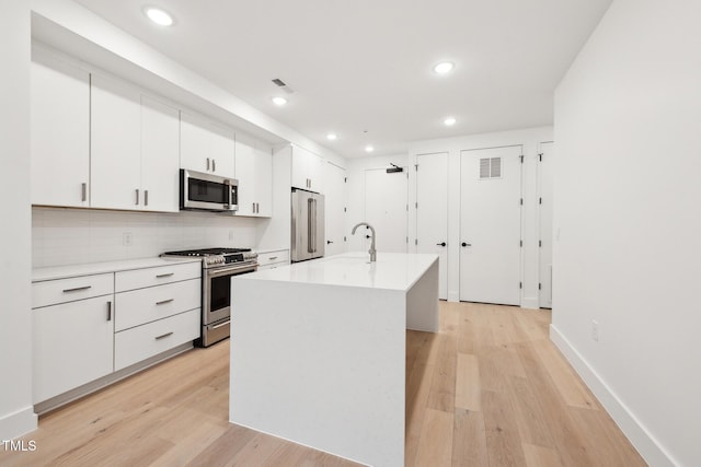 kitchen with white cabinetry, light wood-style floors, visible vents, and appliances with stainless steel finishes