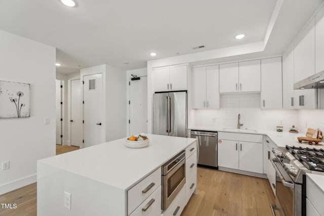 kitchen with sink, appliances with stainless steel finishes, a center island, light hardwood / wood-style floors, and white cabinets